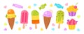 Ice cream cartoon set Muffin lollipop cone vanilla fruit Kawaii summer colorful sweet vector