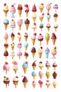 Ice cream in cartoon style utter set. Trendy colors, vanilla, chocolate, fruit, strawberry, mango, straw, on stick, in