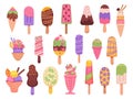Ice cream. Cartoon summer dessert, popsicles, fruit frozen juice and yogurt, watermelon sorbet. Chocolate creams with