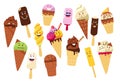 Ice cream character. Cartoon ice pops and frozen fruit ice isolated mascot symbols with cute kawaii faces and happy