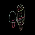 Ice cream character. Kawaii style icon with colorful outline isolated on black