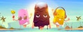 Ice cream characters on summer sea beach, popsicle