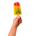 Ice cream in a child& x27;s hand, isolated on a white or transparent background. Close-up, multifruit ice cream on a