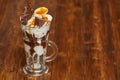 Ice cream chocolate cocktail in glass with syrup and banana Royalty Free Stock Photo