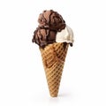 Ice cream chocolate scoop on waffle cone on white background. Chocolate Ice Cream Cone generative ai