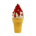 Ice cream chocolate in a waffle cone is delicious. Highly detailed 3d rendering illustration mock up front view close up.