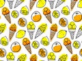 Ice Cream and citrus fruit Seamless pattern. Ice Cream repeated Vector illustration. Orange and lemon ice cream template