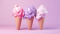 Ice cream closeup in waffle cone. Strawberry colorful pink ice-cream isolated on violette background. Mockup flat lay. Copy space