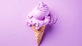 Ice cream closeup in waffle cone. Strawberry colorful pink ice-cream isolated on violette background. Mockup flat lay. Copy space