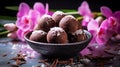 Ice cream coconut bon bons: Mini icy spheres with coconut cream core, coated in chocolate Royalty Free Stock Photo