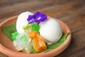 Ice cream coconut milk ancient on Plate pumpkin on banana leaf