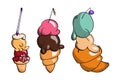 Ice cream Collection with ball and cone, doodle vector illustration, creamy chocolate, pistachio, vanilla and waffle Royalty Free Stock Photo