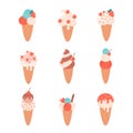 Ice cream collection. Ice cream cone with different flavors. Summertime, hello summer. Hand drawn vector illustration Royalty Free Stock Photo