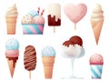 Ice cream collection. Creams objects, glace lolly and cone with cream ball. Isolated chocolate sweets, cold desserts