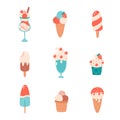 Ice cream collection. Ice cream cone with different flavors, ice lolly, ice cream in glass. Summertime, hello summer Royalty Free Stock Photo