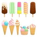 Set of different ice creams with icing depicted in a cartoon style.