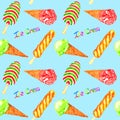 Ice cream colorful variety with inscription on blue background