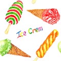 Ice Cream colorful variety with inscription, seamless pattern design