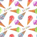 Ice cream colorful variety in waffle cup with inscription, seamless pattern design, hand painted watercolor illustration