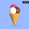 Ice cream cone 3d icon in cartoon style. Chocolate, vanilla and berry triple scoop. Royalty Free Stock Photo