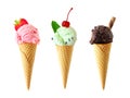 Ice cream cones isolated on a white background, strawberry, mint and dark chocolate