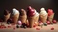 Ice cream cone assortment. Strawberry, chocolate and vanilla in waffle cones Royalty Free Stock Photo