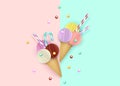 Ice cream cone, Background, 3D, Pastel. Paper cut style. Minimalistic summer food concept. Vector illustration