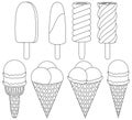 Ice cream cone black and white icon set 8 elements. Royalty Free Stock Photo