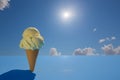 Ice cream cone on blue background lots of empty space for text AI generation Royalty Free Stock Photo