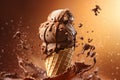 ice cream cone with a cherry on top and splashes around it. The ice cream looks delicious and appetizing, and the splashes