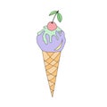 Ice cream cone with cherry. Vector illustration in doodle style.