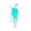 Ice cream cone with cherry. Vector illustration in line art style with mint paint splash for prints, stickers, posters