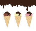 Ice cream cone. Chocolate, banana and strawberry ice cream in a cone. Vector illustration Royalty Free Stock Photo