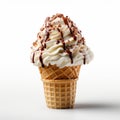 An ice cream cone with chocolate drizzles on top, clipart on white background.