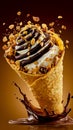 An ice cream cone with chocolate sauce and nuts Royalty Free Stock Photo