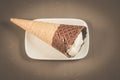 ice cream with cone in chocolate on a white plate/ice cream with cone in chocolate on a white plate, top view Royalty Free Stock Photo