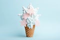 Ice cream cone with Christmas decoration snowflake greeting card. Minimal Christmas or New Year concept. AI generated