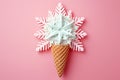 Ice cream cone with Christmas decoration snowflake greeting card. Minimal Christmas or New Year concept. AI generated