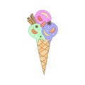 Ice cream cone with cinnamon and tangerines. Vector illustration in doodle style.