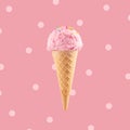 Ice cream cone close-up. Pink Icecream scoop in waffle cone over pink background. Strawberry or raspberry flavor Sweet gelato