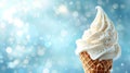 Ice cream cone close-up. Pink Icecream scoop in waffle cone over blue background. Royalty Free Stock Photo