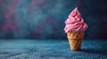 Ice cream cone close-up. Pink Icecream scoop in waffle cone over blue background. Royalty Free Stock Photo