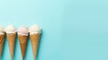 Ice cream cone close up. vanilla Ice cream scoop in waffle cone over blue background. AI Generative Royalty Free Stock Photo