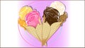 Ice cream cone. Delicious ice cream cone flavours of strawberry, caramel, orange, chocolate, pudding and vanilla. summer sweets Royalty Free Stock Photo