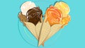 Ice cream cone. Delicious ice cream cone flavours of strawberry, caramel, orange, chocolate, pudding and vanilla Royalty Free Stock Photo