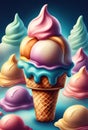 Ice cream cone with different flavours on blue background Generative AI Royalty Free Stock Photo