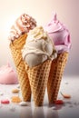 Ice cream cone with 3 different ice creams AI generated