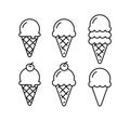 Ice cream cone doodle set. Waffle cone outline isolated