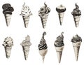 Ice cream cone etching set. Vintage ice-cream engraving, milk wafer chocolate engraved frozen desserts isolated objects