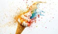 Ice cream cone explosion on white background Royalty Free Stock Photo